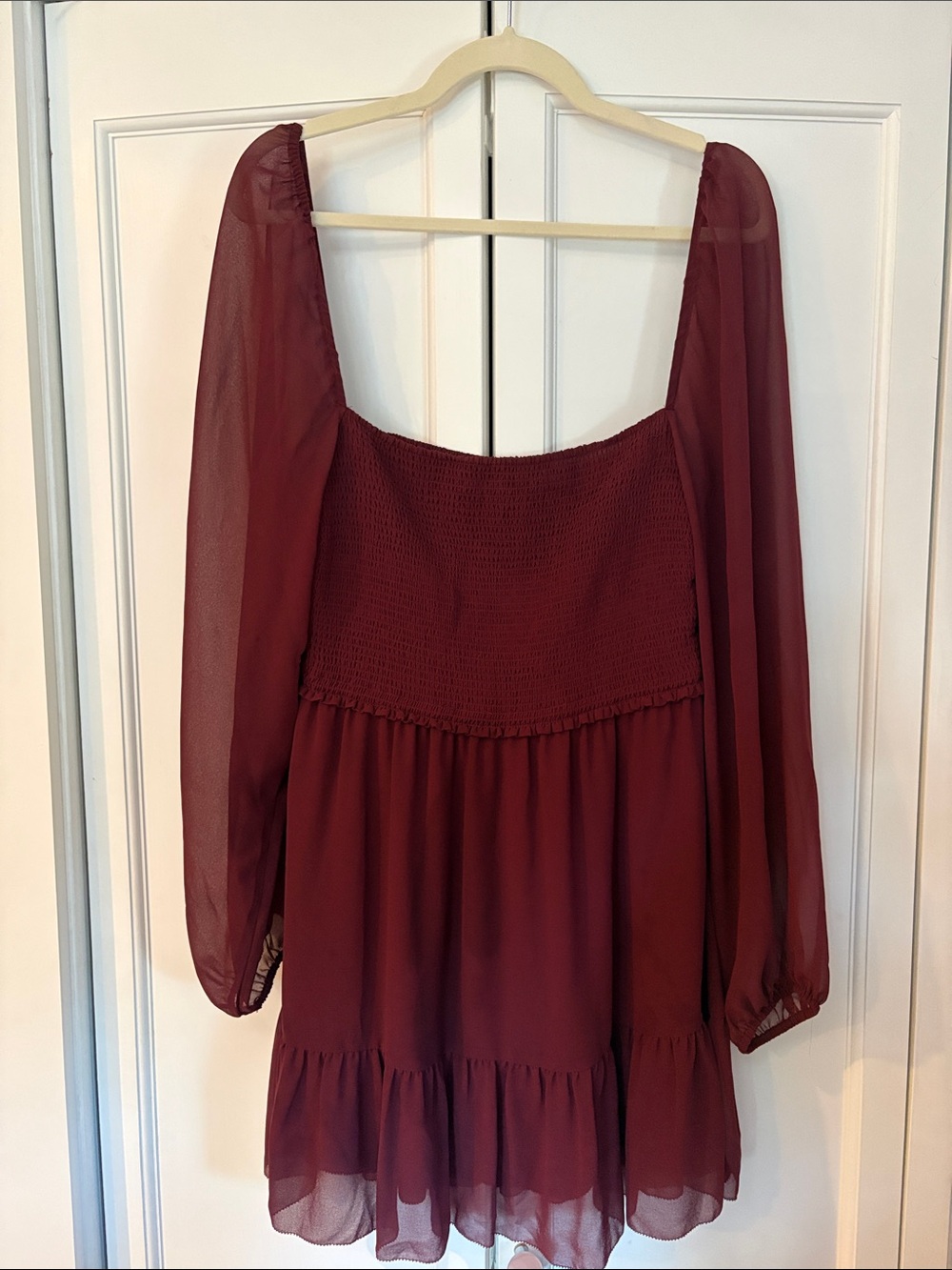 Wilfred Burgundy Smocked Square-Neck Peasant Tunic or Mini Dress